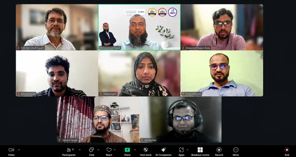A video call grid of eight participants attending a live online project management session, with the trainer sharing certification slides